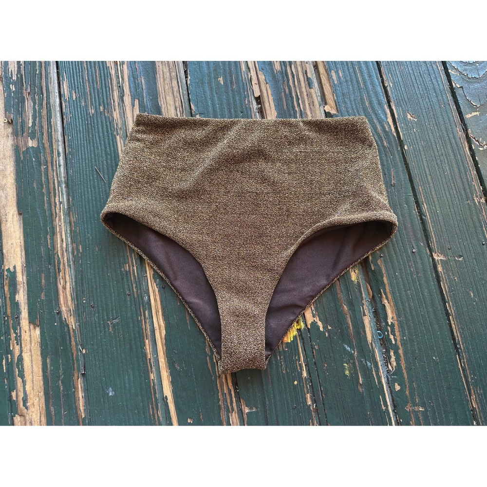 Sundek Womens High Waisted Bikini Bottoms Bronze Gold Lurex Metallic XS Retro